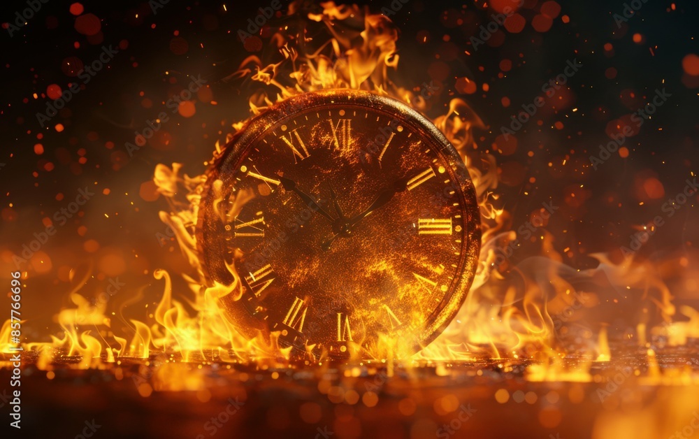 Poster a clock is burning in the fire. the flames are orange and the clock is black. the clock is showing t