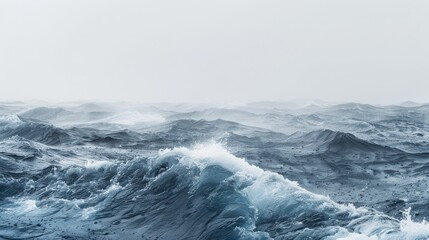 Moody ocean waves under a misty sky, capturing the power and tranquility of the sea. The gray tones and mist create a serene yet dramatic atmosphere.	