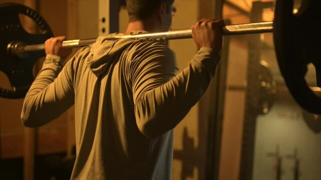 Young man squatting a barbell under a squat rack in basement gym