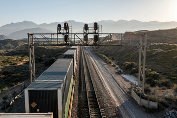 Stack train passing under signal bridge in landscape