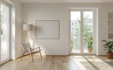 Minimalist modern apartment with white walls, wooden floors, and natural light