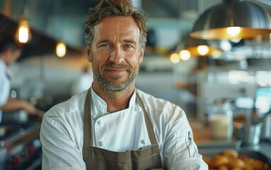 Fototapeta premium A man in a chef's uniform stands in a kitchen with a smile on his face. He is wearing an apron and a chef's hat