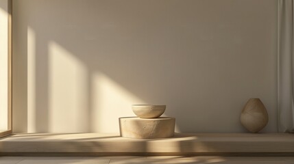 Obraz premium A chic living room with a minimalist design, featuring a single, bold piece of minimalist pottery on a pedestal