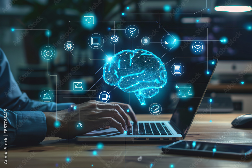 Poster digital brain with holographic finger touching, hand pointing on digital interface and mechanical ar
