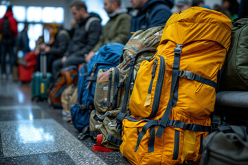 Fototapeta premium A group of people are sitting on a bench with their backpacks on. The backpacks are of different sizes and colors, including a yellow one. The scene suggests a sense of travel and adventure