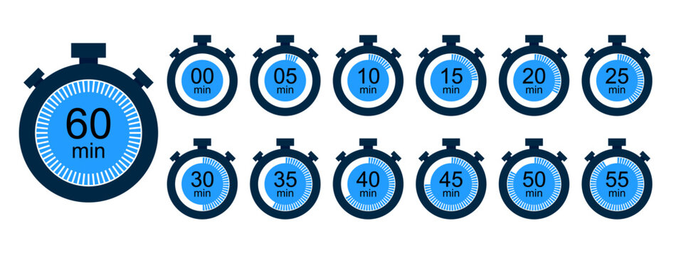 vector stopwatch or timer icons set (eps) for accurate speed ​​measurements, countdown from 0 to 60 minutes. timer, clock or stop watch for ui, app, website etc use. vector solid fill illustration	