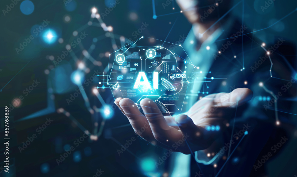 Poster artificial intelligence concept with business man holding hologram icon of artificial smart technolo