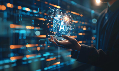 Artificial intelligence concept with business man holding hologram icon of artificial smart technology and data elements on virtual screen background, text "AI"