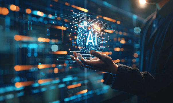 Artificial intelligence concept with business man holding hologram icon of artificial smart technology and data elements on virtual screen background, text "AI"