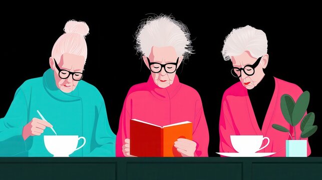 elderly poet reading aloud National Age Without Apology Month adult people illustration vector females love - emotion concepts women's issues poster red template text symbol day social issues