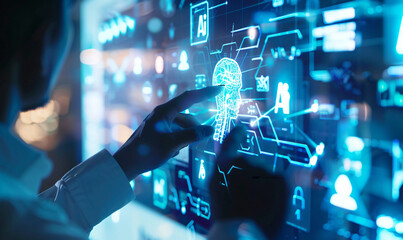 Artificial intelligence concept with business man holding hologram icon of artificial smart technology and data elements on virtual screen background, text "AI"