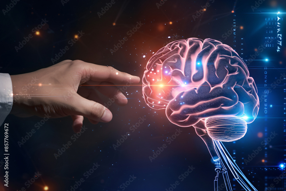 Poster digital brain with holographic finger touching, hand pointing on digital interface and mechanical ar