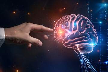 Digital brain with holographic finger touching, hand pointing on digital interface and mechanical arm or robot hand touch the virtual icon of human brain at futuristic technology