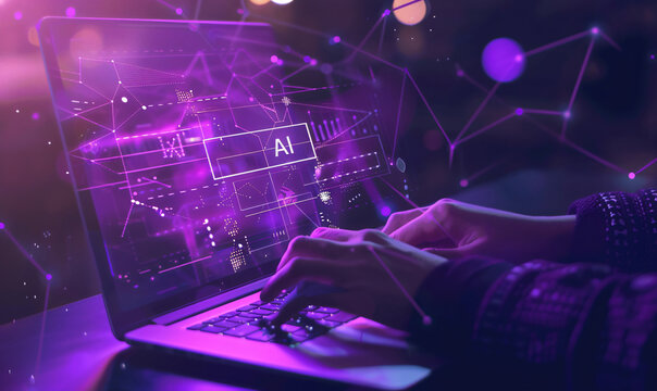 Photo of A person typing on laptop with chatbot interface and text "chat AI"