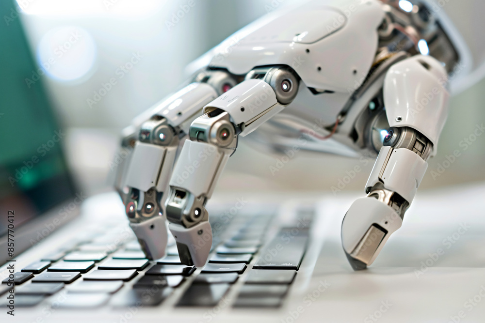 Poster photo of a robot hand typing on laptop keyboard, white background with copy space for text. concept 