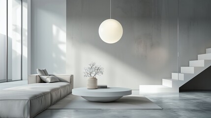 A contemporary living room with a minimalist design, featuring a sleek, white spherical pendant light hanging over a minimalist table