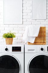 Modern Laundry Room With White Appliances and Green Plants