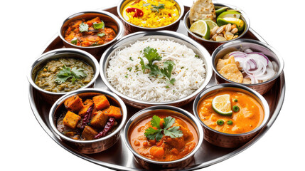 Photograph of a vibrant Indian thali with various curries, rice, naan, and chutneys on a transparent background.
