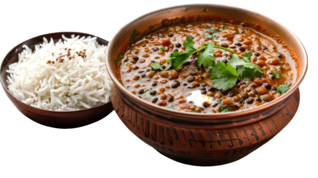 Photograph of a warm and comforting bowl of dal makhani, a lentil stew simmered in butter, cream, and spices, accompanied by a side of jeera rice on a transparent background.