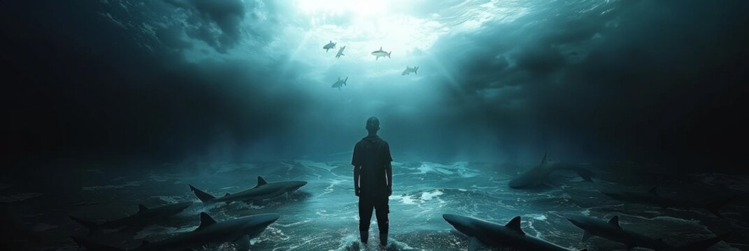 surfer stands defiantly in a dark cave, surrounded by a circling pack of menacing sharks.