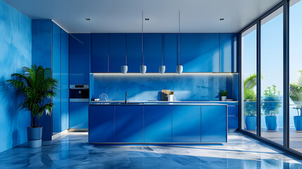 Stunning personalized kitchen design with blue color scheme visualized in a drawing and photo blend