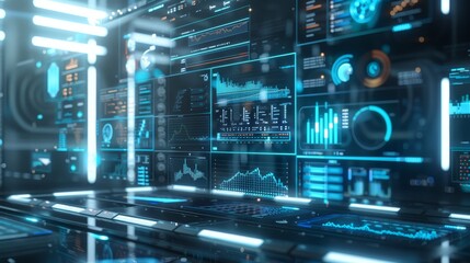 Obraz premium High-tech data center with digital interfaces displaying various data and world maps. The advanced technology and sleek design create a cutting-edge, cybernetic atmosphere. 