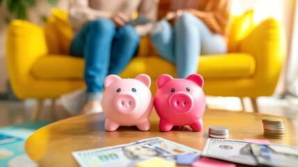 Obraz premium Two piggy banks with savings and bills on a coffee table, with people sitting on a yellow sofa in the background.
