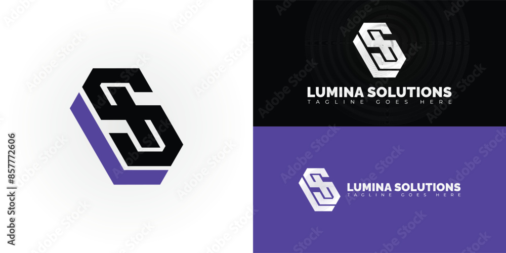 Poster abstract initial hexagon letters ls or sl logo in black-purple color isolated on multiple background