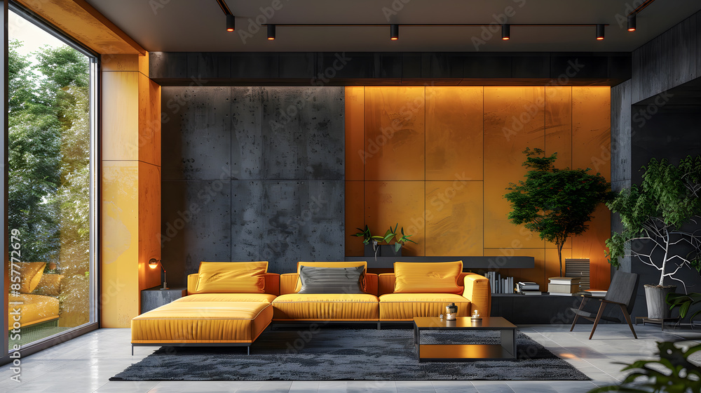 Wall mural Modern house interior. Loft style. Black concrete wall and yellow.  