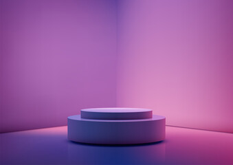 3D Neon Colors Circular Podium in Bright Purple Room for Technology Concept Product Display and Mockup