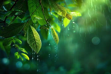 Close-up of raindrops on lush green leaves in a forest setting, showcasing nature's beauty and serenity during a rain shower.