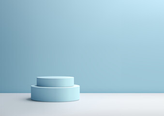 3D Blue Podium on White Floor with Soft Blue Wall Background for Minimalist Product Display