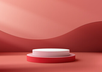 Vibrant 3D Red and White Podium with Light Beam on Pink Background for Contemporary Product Display and Modern Concept
