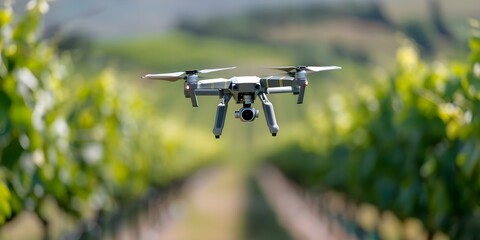 Agri tech drones efficiently apply pesticides in vineyards for managing crops. Concept Agriculture, Technology, Drones, Pesticides, Crop Management