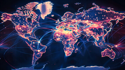 International digital network routes spanning a world map with radiant dots and trails illustrating data movement, communication, and technological development. Generated ai