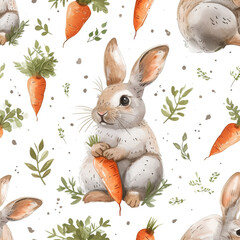 Seamless Pattern Repeat, Rabbit in Forest, Rabbit with Flowers 