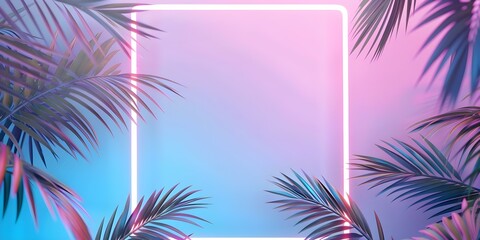 Neon diamondshaped frame highlights tropical plants under blue and pink fluorescent lights. Concept Neon Lights, Diamond Frame, Tropical Plants, Blue and Pink Fluorescent Lights