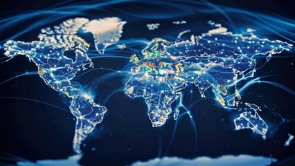 Global online network pathways across an atlas with glowing markers and lines indicating data transfer, connectivity, and technological progress. Generated ai