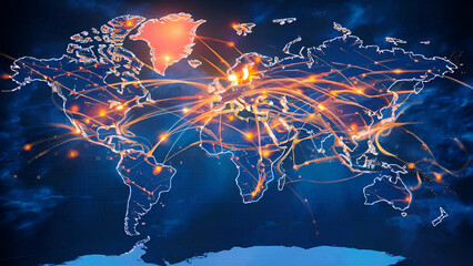 Universal virtual network connections extending over a globe with shining spots and routes representing data exchange, communication, and tech advancements. Generated ai