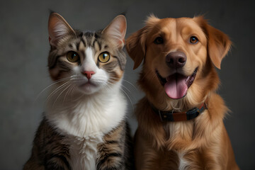 happy dog and cat focus on camera