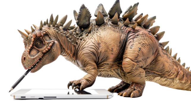 Photograph of a stegosaurus using a stylus on a tablet, with a transparent background.