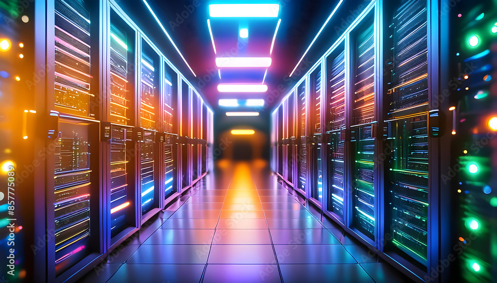 Poster a brightly lit server room corridor with glowing server racks, showcasing advanced technology infras