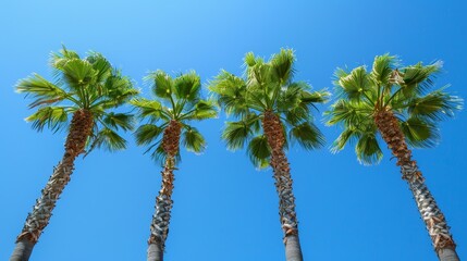 Obraz premium Serene Tropical Paradise with Lush Palm Trees Against a Vivid Blue Sky