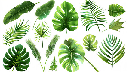 collection of green leaves isolated on white background