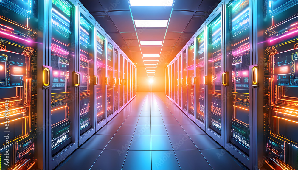 Poster a brightly lit server room corridor with glowing server racks, showcasing advanced technology infras
