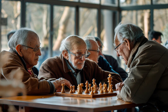 Group of elderly friends playing chess and socializing in a community center --ar 3:2 Job ID: 3de08aa1-9ec3-4c94-b4ef-31e99a31e838