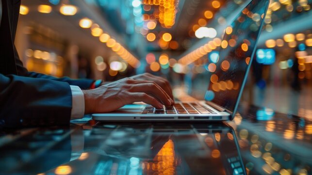 A close-up of a businessman's hands typing on a laptop keyboard, with a blurred airport terminal in the background, symbolizing productivity on the go.