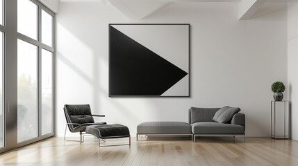 A contemporary living room with a minimalist design, featuring a single, bold piece of monochrome wall art