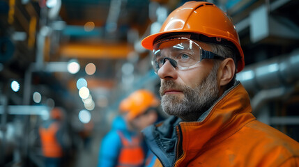 A worker wearing safety gear and a hardhat stands in a busy industrial setting, his gaze fixed on something off-camera