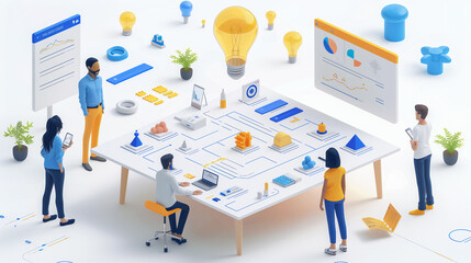 Four people collaborate around a table, generating ideas and solutions. Colorful icons and diagrams symbolize their creative and teamwork